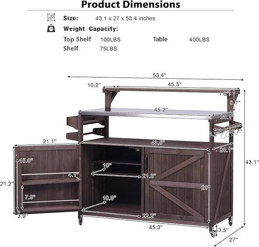 YOPTO 53.3" Outdoor Kitchen Island with Raised Shelf,Solid Wood Grill Cart,Stainless Steel Top,Adjustable Shelf,Spice Rack,Lockable Wheels,Brown