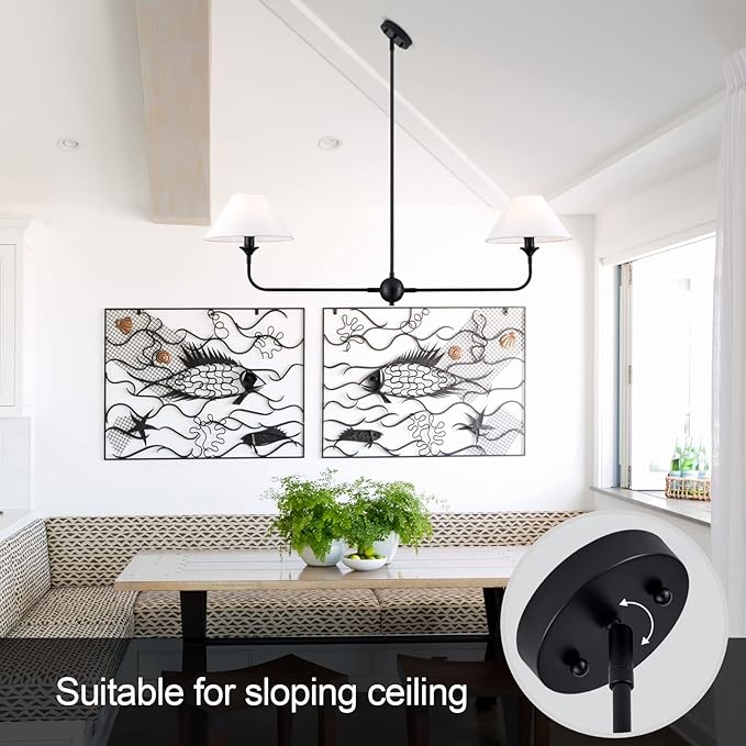 Modern Linear Chandelier, 2-Light Linear Kitchen Island Lighting Fixture with Off-White Fabric Shade, Rustic Pendant Light for Dining Room Bedroom