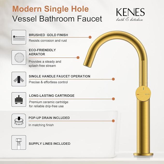 KENES Brushed Gold Tall Bathroom Faucet, Single Handle Vessel Sink Faucet Single Hole, Modern Bathroom Vanity Faucet with Pop Up Drain and Supply Lines, KE-9005C-4
