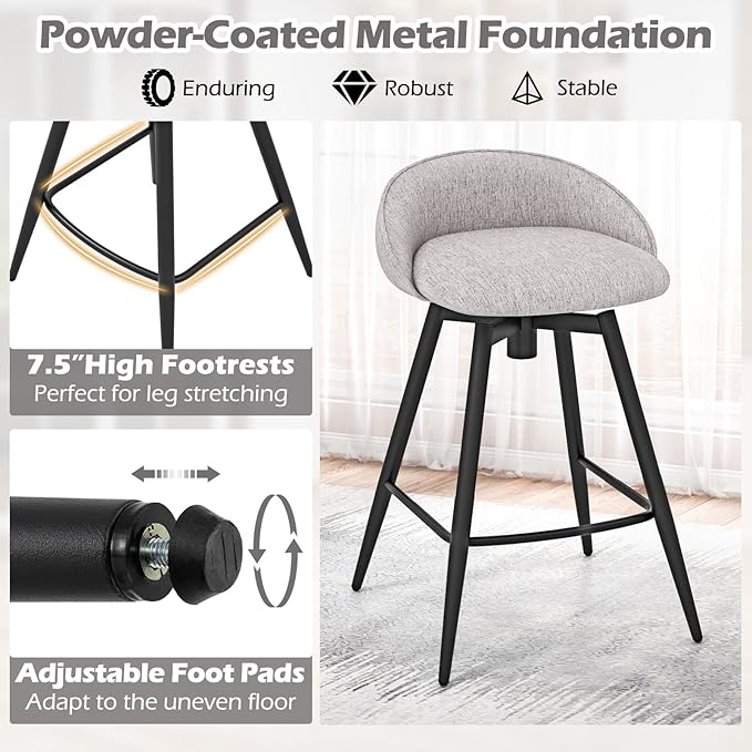 Giantex Swivel Bar Stools Set of 2, 25" Counter Height Bar Chairs with Footrest, Low Backs & Metal Frame, Upholstered Line Fabric Barstools for Kitchen Island, Cafe & Pub, Grey