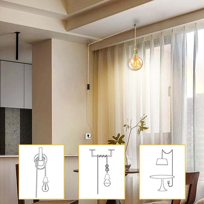 Gold Plug in Pendant Light Kit, Hanging Plug in Lights Fixture with Metal Ceramic E26 Socket, 11.5FT Hanging Lights Cord with On/Off Switch, Vintage DIY Pendant Lighting for Bedroom Kitchen