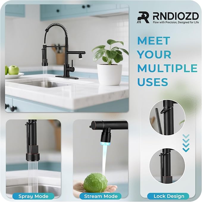 LED Kitchen Faucet with Pull Down Sprayer - ORB Single Handle Commercial Kitchen Faucets, 2-Spout Kitchen Sink Faucet, Stainless Steel Spring Pull Out Sink Faucet 1/3 Hole
