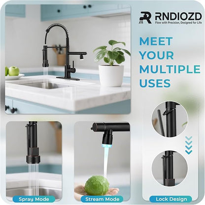 LED Kitchen Faucet with Pull Down Sprayer - ORB Single Handle Commercial Kitchen Faucets, 2-Spout Kitchen Sink Faucet, Stainless Steel Spring Pull Out Sink Faucet 1/3 Hole
