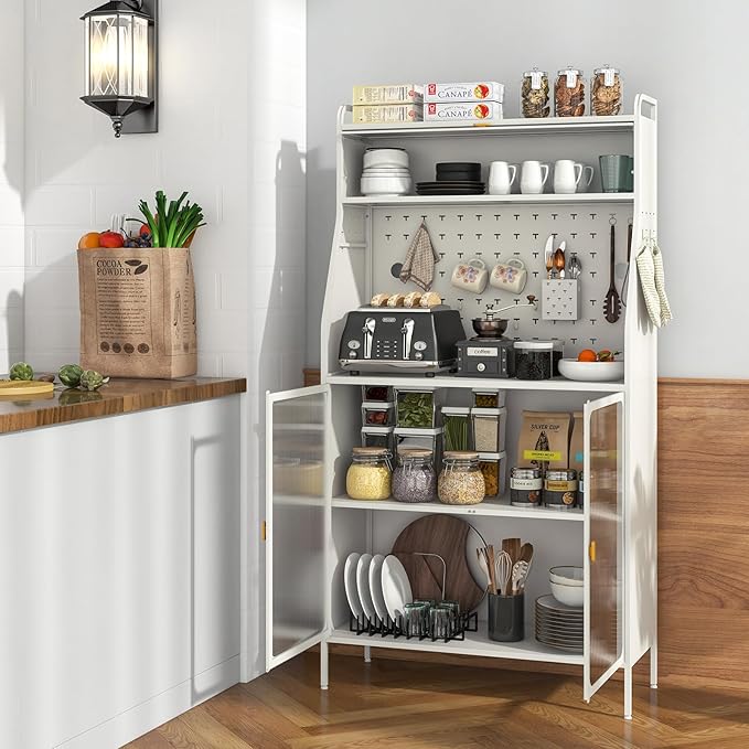 Giantex Pantry Organizers and Storage, 63.5" H Kitchen Buffet Cabinet with Hutch, Pegboard, 8 Hooks & 1 Hanging Storage Box, Standing Bakers Rack with Flip-up PC Doors, Tool-Free Assembly (White)