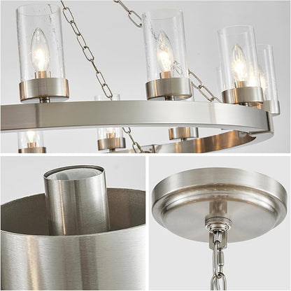 WUZUPS 15-Light Wagon Wheel Chandelier Large Rustic Farmhouse Industrial Round Pendant Light Fixture with Clear Seeded Glass Shades for Dining Room Kitchen Island, H 29.5" x W 46.5", Brushed Nickel
