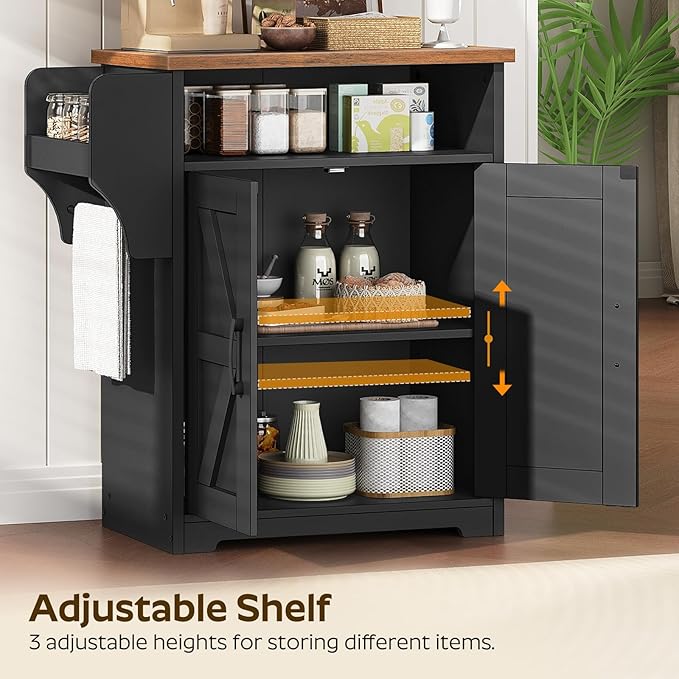 YATINEY Coffee Bar Cabinet, Kitchen Island with Storage, Farmhouse Sideboard Buffet Cabinet with Dual-Purpose Floating Shelf and Hooks, for Restaurant, Living Room, Rustic Brown KF22BR