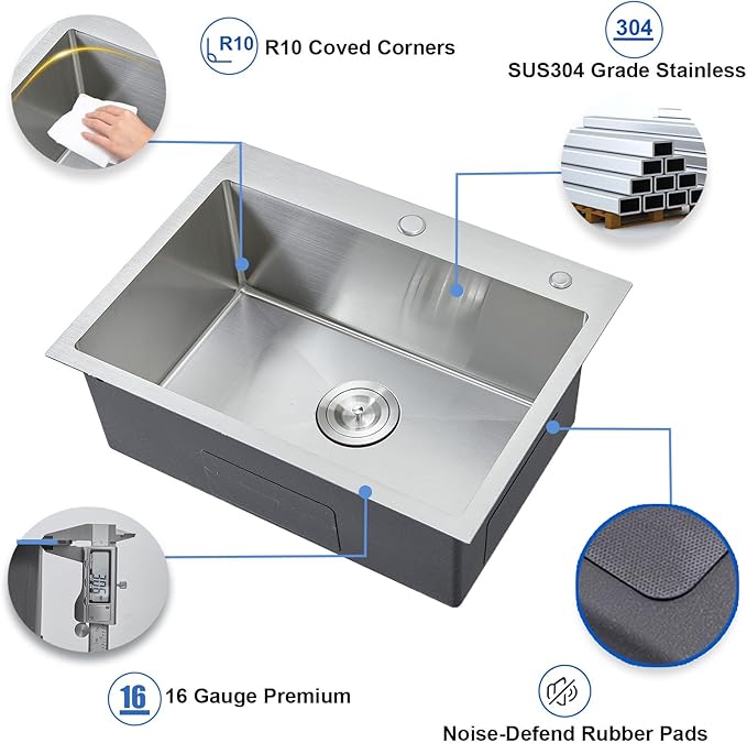 IKEBANA 24 x 18 Inch Brushed Nickel Kitchen Sink Drop in, 16 Gauge Stainless Steel Wet Bar Sink Topmount Single Bowl Small Kitchen Sinks, Outdoor RV Prep Sinks With Dish Grid& Drain