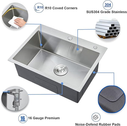 IKEBANA 24 x 18 Inch Brushed Nickel Kitchen Sink Drop in, 16 Gauge Stainless Steel Wet Bar Sink Topmount Single Bowl Small Kitchen Sinks, Outdoor RV Prep Sinks With Dish Grid& Drain