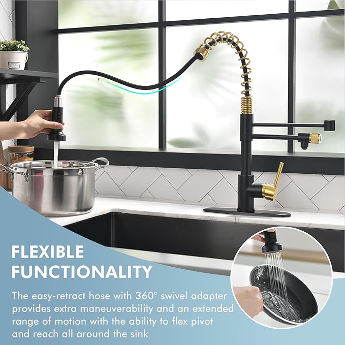 GIMILI Black and Gold Drinking Water Faucet 3 in1 Commercial Style Pull-Down Single Handle Filter Kitchen Faucet for Water Filtration System,Without Water Filtration Device