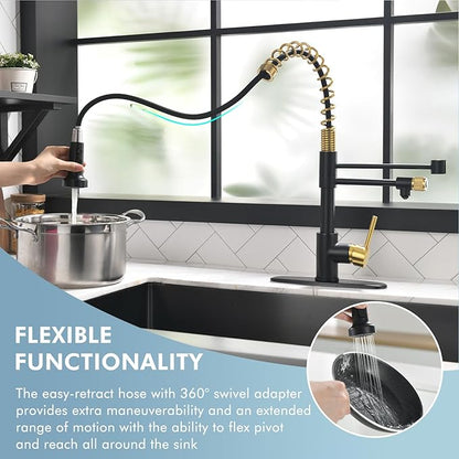 GIMILI Black and Gold Drinking Water Faucet 3 in1 Commercial Style Pull-Down Single Handle Filter Kitchen Faucet for Water Filtration System,Without Water Filtration Device