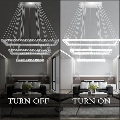 Finktonglan 31.4 inch Modern Crystal Chandelier, 3 Rectangular LED Rings Chandeliers Pendant Ceiling Light for Dining Room Kitchen Island Stair Well (6000K Cool White)