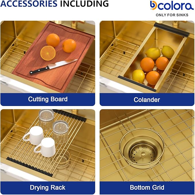 Dcolora 36 In. Gold Drop In Kitchen Sink, Workstation with Valued Accessories, Heavy Duty 16 Gauge 304 Stainless Steel Luxury Gold Nano-PVD, 36"x22"x10" Large Single Bowl #DC-T2533012GW