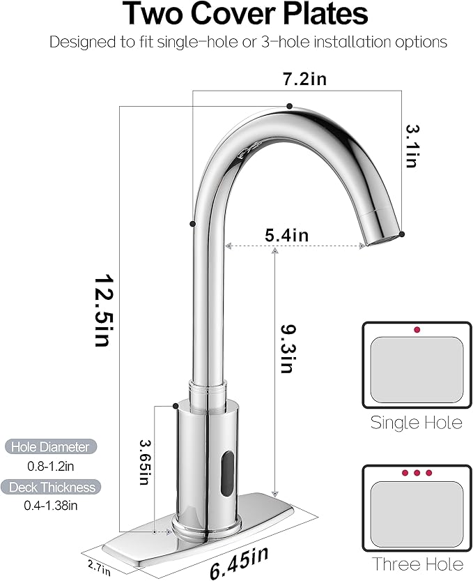 Touchless Bathroom and Kitchen Sink Faucet Commercial Public Automatic Motion Sensor Faucet with Deck Plate and Temperature Mixer,Battery or Plug-in Powered,1 Hole or 3 Hole,Chrome