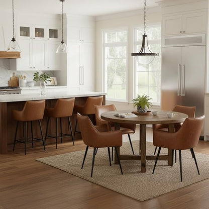 Brown Leather Counter Stools Set o f 2, Mid Century Modern Upholstered Kitchen Chairs with Arms and Black Metal Legs 26” Height Stools with Back for Dining Room Home Pub Faux Leather in Brown