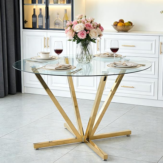 Round Dining Table for 4 6 People, 45.3" Modern Glass Kitchen Table, Circle Gold Dinner Table with 0.32" Thick Tempered Glass Top and Metal Legs, Glass Dining Room Furniture for Kitchen Living Room
