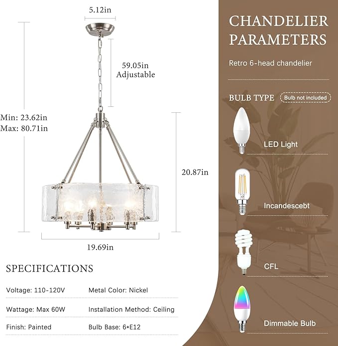 Modern Brushed Nickel Glass Chandelier for Dining Room,19.69 inch Textured Crystal Drum Farmhouse Chandelier Light Fixture for Dining Room Kitchen Island Living Room Bedroom Foyer