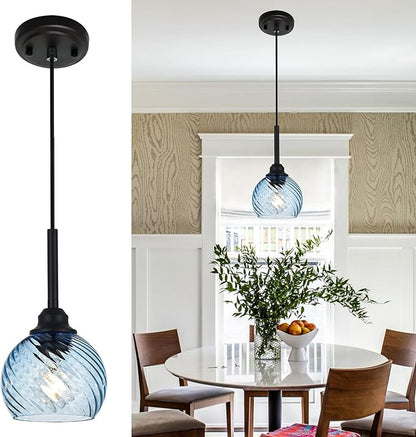 Kitchen Pendant Lighting Over Sink 1-Light Hanging Lights for Kitchen Blue Glass Pendant Lights with Striped Swirl Glass Shade, Suit for Dining Room Bar Hallway