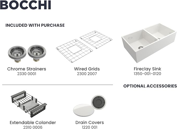 BOCCHI Contempo Farmhouse Apron Front Fireclay 36 in. Double Bowl Kitchen Sink with Protective Bottom Grid and Strainer in White