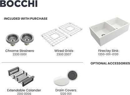 BOCCHI Contempo Farmhouse Apron Front Fireclay 36 in. Double Bowl Kitchen Sink with Protective Bottom Grid and Strainer in White