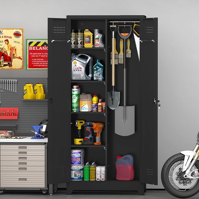 GREATMEET Metal Garage Storage Cabinet, 73" H Broom Closet Storage Cabinet, Locking Utility Cabinet with Doors and Shelves for Garage, Home, Black