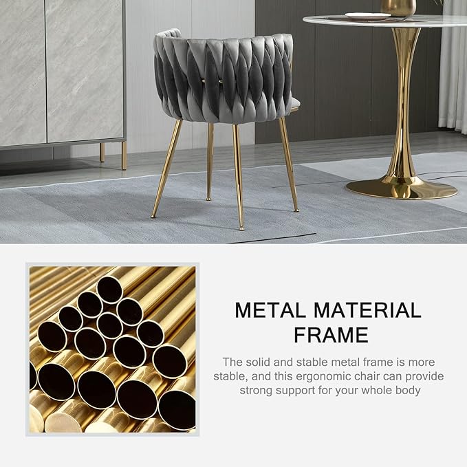 Nrizc Woven Dining Chairs Set of 2, Velvet Upholstered Dining Chairs with Gold Metal Legs, Modern Accent Chairs for Living Room, Dining Room, Kitchen (Grey)
