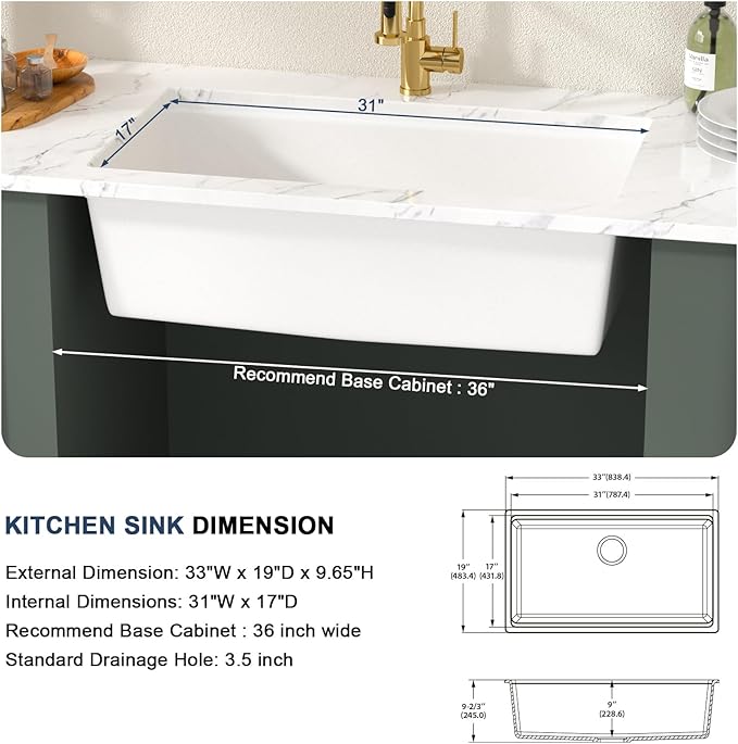 Lordear 33 Inch White Kitchen Sink Granite Composite Undermount Kitchen Sink Workstation 33x19 White Quartz Sinks Under Counter Single Bowl with Classic Gold Accessories