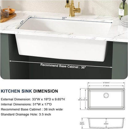 Lordear 33 Inch White Kitchen Sink Granite Composite Undermount Kitchen Sink Workstation 33x19 White Quartz Sinks Under Counter Single Bowl with Classic Gold Accessories