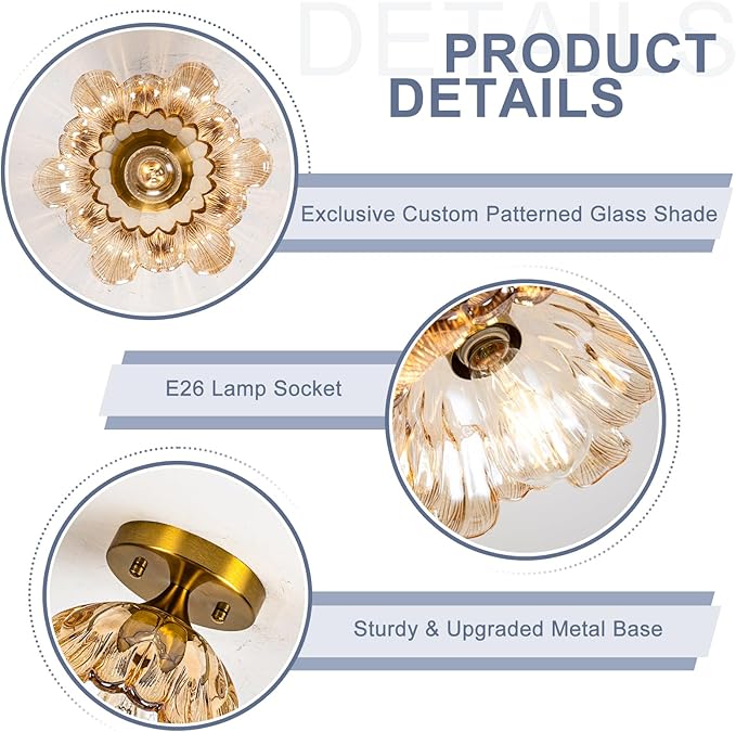Semi Flush Mount Ceiling Light,Vintage Lights Fixture Ceiling Amber Shade Glass， E26 Ceiling Light Fixtures for Closet Kitchen Bedroom, Bulb Included