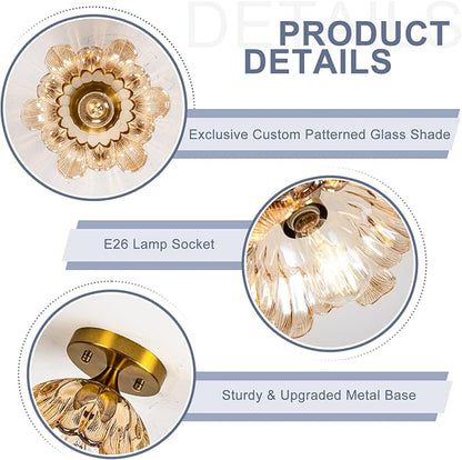 Semi Flush Mount Ceiling Light,Vintage Lights Fixture Ceiling Amber Shade Glass， E26 Ceiling Light Fixtures for Closet Kitchen Bedroom, Bulb Included