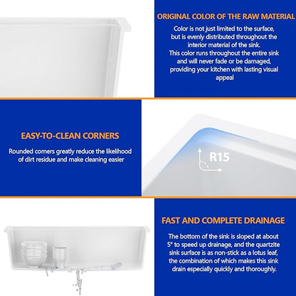 Dcolora 30 In. White Granite Composite Undermount Kitchen Sink Single Bowl Workstation, Quartz Kitchen Sink 30" x 19" x 9.65" #DC-GU5521