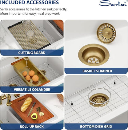 Sarlai 33 Granite Composite Kitchen Sink Double Bowl - 33"x22" White Granite Kitchen Sink Drop In Ledge Workstation Double Bowl 60/40 Low Divided Quartz Composite Above Counter with Gold Accessories