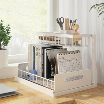 REALINN Under Sink Organizer, Pull Out Cabinet Organizer, 2 Tier Metal Slide Out Shelf with L Shaped Design, Under Cabinet Storage for Kitchen, Bathroom, Laundry, Deep Cabinet Shelf Storage, White