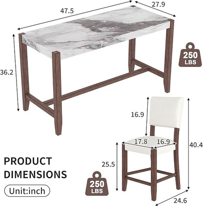 Merax 5-Piece Counter Height Dining Set with 1 Faux Marble Top Bar Table and 4 Upholstered Chairs, Mid-Century Modern Kitchen Table Set for Dining Room, Pub Kitchen