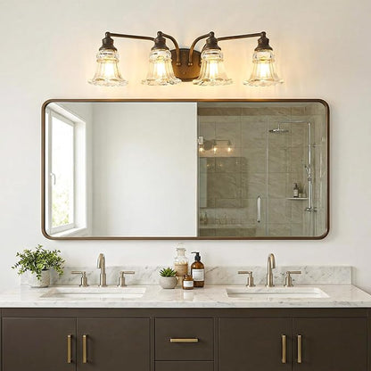 4-Light Bathroom Light Fixtures Over Mirror, Vintage Vanity Lights with Clear Floral Glass Shades, Oil Rubbed Bronze