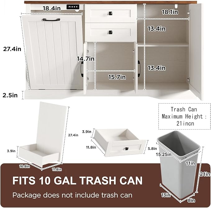 Vabches Farmhouse Buffet Cabinet with Tilt Out Trash Can, 55" Coffee Bar Cabinet&Sideboard with Storage and Drawers