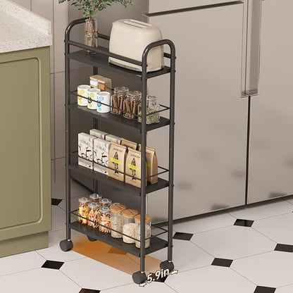 Asgolion Slim Storage Cart, 4-Tier Small Rolling Cart with Wheels, 5.9" Deep, Narrow Bathroom Shelf Trolley for Kitchen, Bathroom, Laundry Room, Black Standard 4-Tier (5.9" W x 33.6" H)