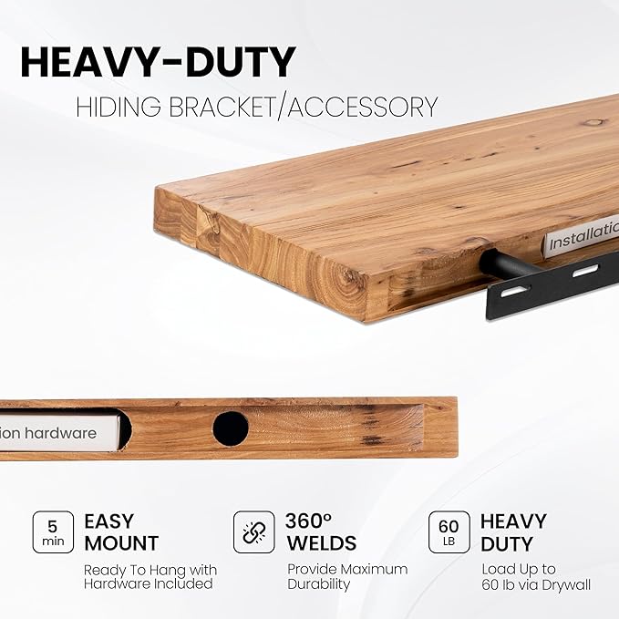 Floating Shelves for Wall, 72"x9.3" Rustic Solid Live-Edge Elm Wood Wall Shelves, Heavy-Duty Floating Shelves with Invisible Brackets for Living Room, Bedroom, and Kitchen, Natural Finish