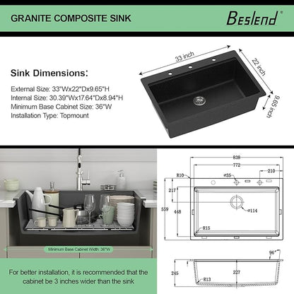 33 Granite Composite Kitchen Sink - Beslend 33x22 Drop In Black Kitchen Sink with High Pressure Glass Rinser, Granite Composite Worksation Black Sinks Easy Clean Quartz Basin for Kitchen Remodel
