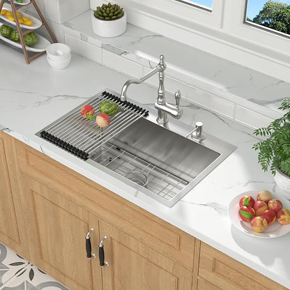 Mocoloo 28 Inch Drop In Kitchen Sink - 28 x 18 Stainless Steel Kitchen Sinks Topmount 16 Gauge Single Bowl Above Counter Handmade Sink, 10'' Deep Basin