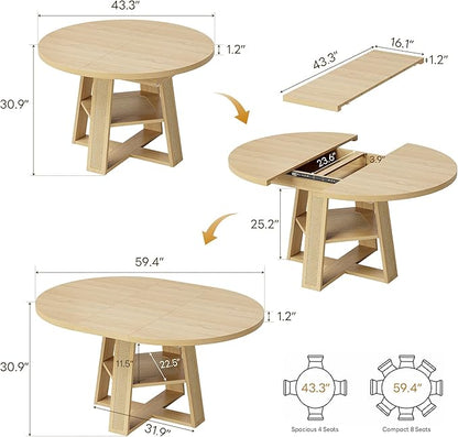LIKIMIO 43"-59" Extendable Round Dining Table for 4-8, Transformer Oval Dining Room Table with Removable Leaves Space Saving, Wood Base Modern Kitchen Table with Storage Shelf for Living Room, Natural