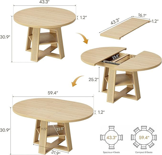 LIKIMIO 43"-59" Extendable Round Dining Table for 4-8, Transformer Oval Dining Room Table with Removable Leaves Space Saving, Wood Base Modern Kitchen Table with Storage Shelf for Living Room, Natural