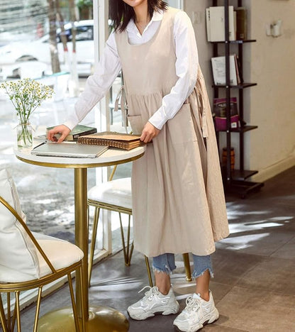 Women Plus Size Cotton Linen Vintage Pleated Split Apron Pinafore Dress with Two Pockets