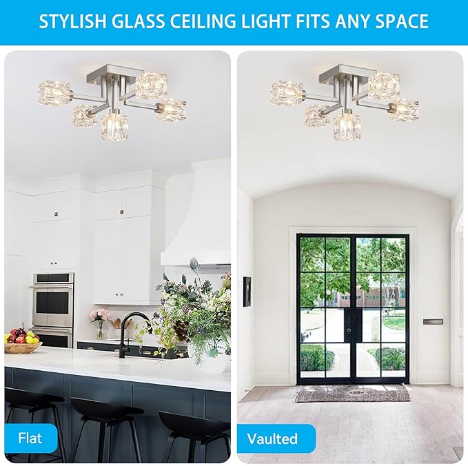 XINGQI Modern Sputnik Chandeliers Brushed Nickel Semi Flush Mount Ceiling Light Fixture 5-Light for Dining Room Living Room Kitchen Bedroom Entryway