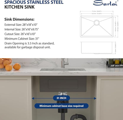 Sarlai 28 Black Kitchen Sink Undermount - 28 x 18 Inch Kitchen Sink Gunmetal Black 16 Gauge Stainless Steel Single Bowl Undermount Kitchen Sinks Basin