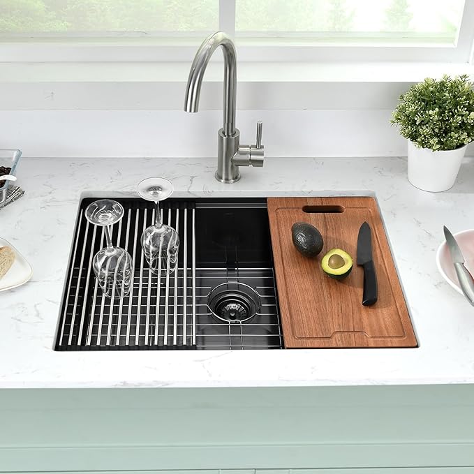 PEPO 33 Inch Black Undermount Kitchen Sink Workstation with Cutting Board & Accessories 16 Gauge Stainless Steel Hides Scratches NANO-PVD Finish 33x19x10 Deep Single Bowl