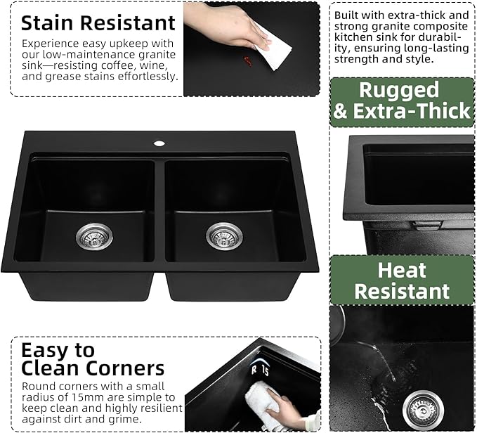 Davivy 33 Inch Black Drop in/Top Mount Double Bowl Kitchen Sink, 50/50 Split Black Granite Composite Double Kitchen Sink Workstation, Deep Double Bowl Design with Accessories