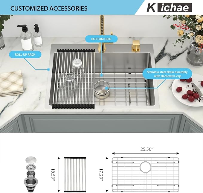 Kichae 28 Drop in Kitchen Sink - 28x22 Inch Kitchen Sink Drop in 16 Gauge Stainless Steel Single Bowl Handmade Topmount Basin with Drain Strainer