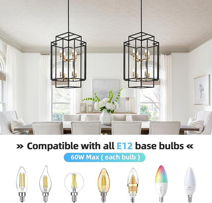 8-Lights Tiered Lantern Pendant Light, Black and Gold Farmhouse Chandelier, Industrial Large Chandeliers for High Ceiling, Modern Foyer Lighting Fixture, for Living Room Entryway Staircase