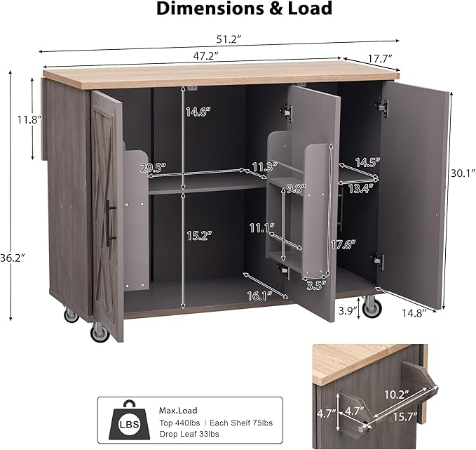 51.2"W Geometric Twill Stripe Textured Design Island with Drop Leaf, Farmhouse Kitchen Cart on Wheels with Internal Storage Rack, Rolling Kitchen Cart with Towel Rack (Brown@044)