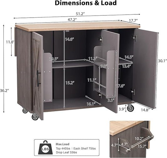 51.2"W Geometric Twill Stripe Textured Design Island with Drop Leaf, Farmhouse Kitchen Cart on Wheels with Internal Storage Rack, Rolling Kitchen Cart with Towel Rack (Brown@044)